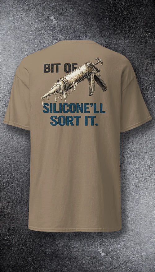 Bit of Silicone'll Sort it Roofer graphic tee – PAST FIVE | Back print | illustrated trades graphic.