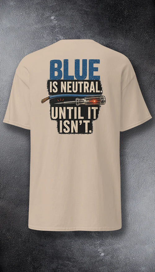 Blue Is Neutral Electrician graphic tee – PAST FIVE | Back Print | Illustrated graphic on brown savana heavyweight cotton.