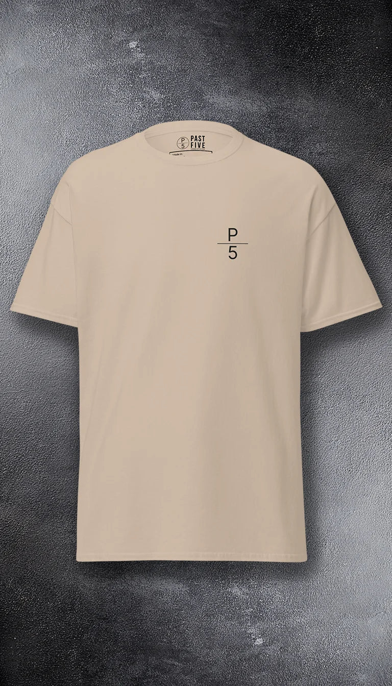 It Only Leaks When It Rains Roofer graphic tee – PAST FIVE | Front | chest logo on brown savana heavyweight cotton.