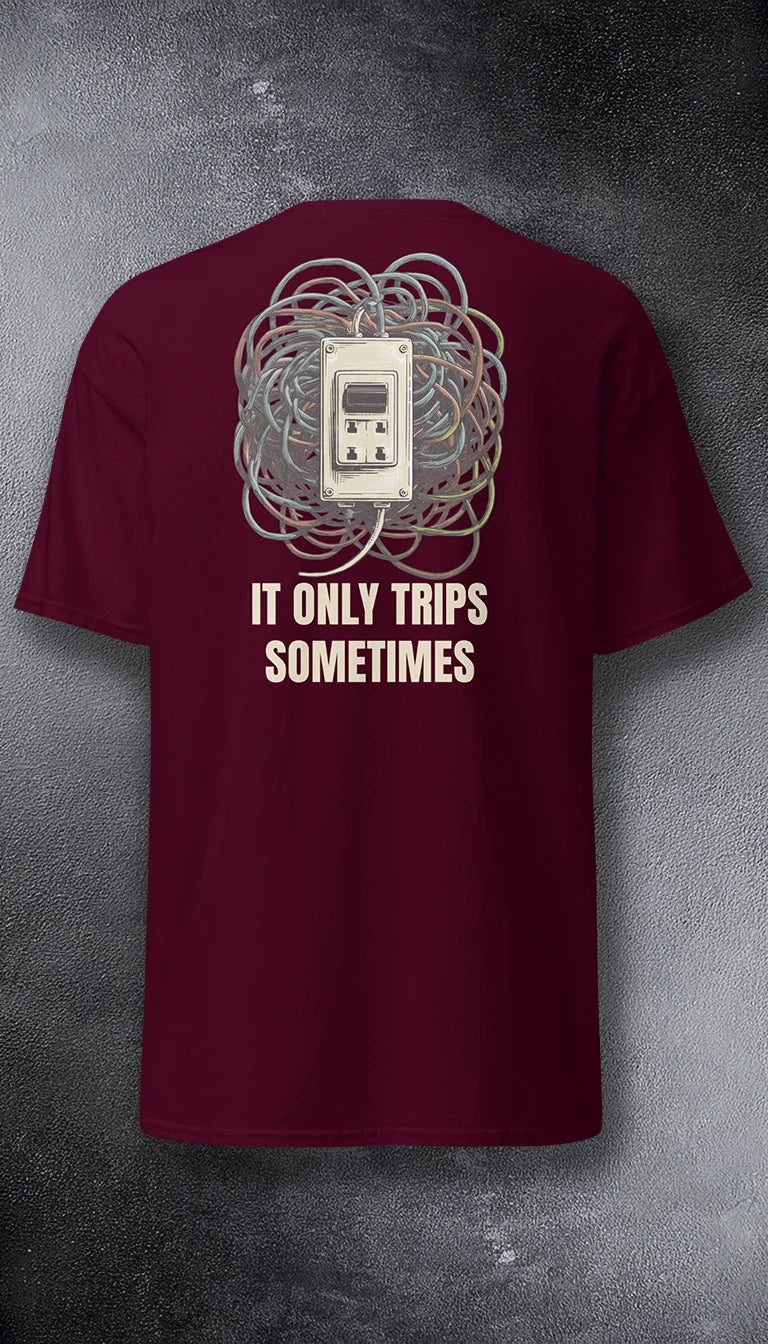 A maroon short-sleeve t-shirt displayed from the back, featuring a graphic of tangled wires surrounding a cassette player with the text 'IT ONLY TRIPS SOMETIMES' in beige.